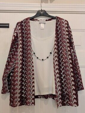 Alfred Dunner Petite Red/Gray/White Jacketed Blouse With Matching Necklace, PXL